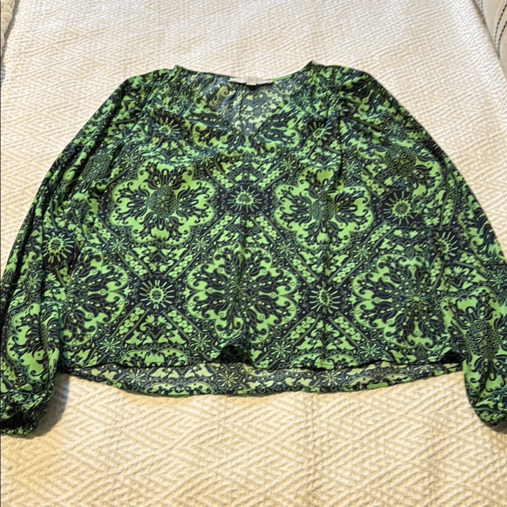 LOFT Green and Blue Ornate Blouse